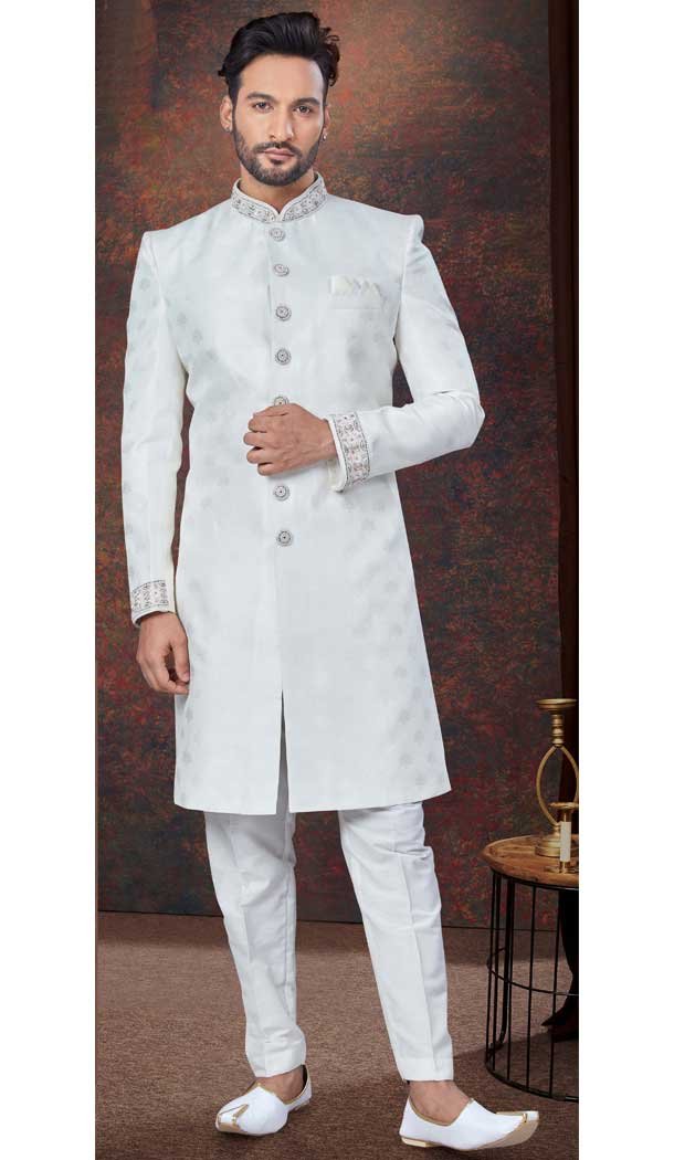 Off White Jacquard Silk Stone Work Wedding Wear Men Indo Western – 9705188917