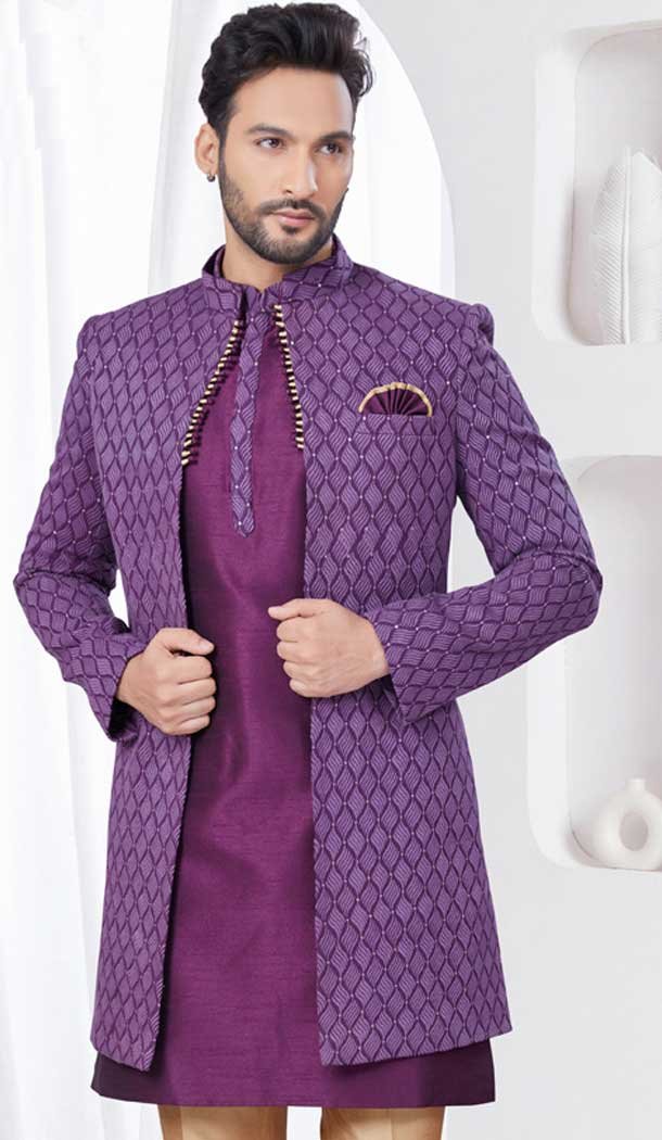 Winish Purple Dhupion Resham Work Wedding Wear Men Indo Western – 9705188918