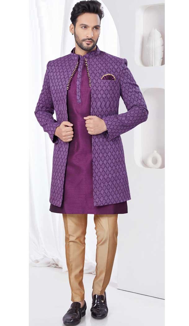 Winish Purple Dhupion Resham Work Wedding Wear Men Indo Western – 9705188918