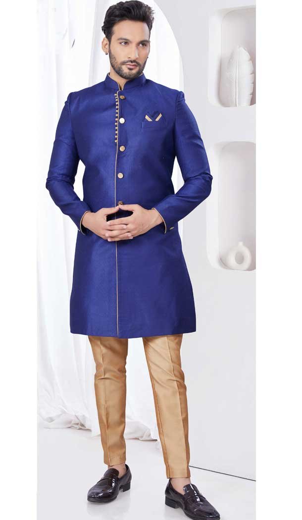 Navy Blue Jacquard Silk Woven Work Wedding Wear Men Indo Western – 9705188919