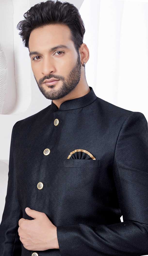 Black Jacquard Silk Woven Work Wedding Wear Men Indo Western – 9705188920