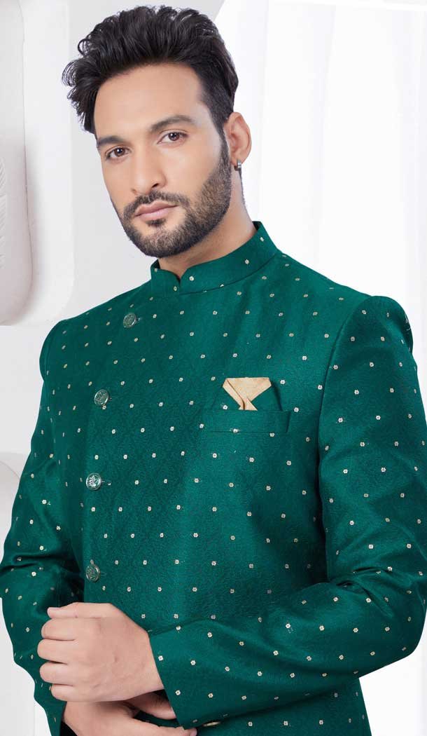 Green Jacquard Silk Woven Work Wedding Wear Men Indo Western – 9705188921