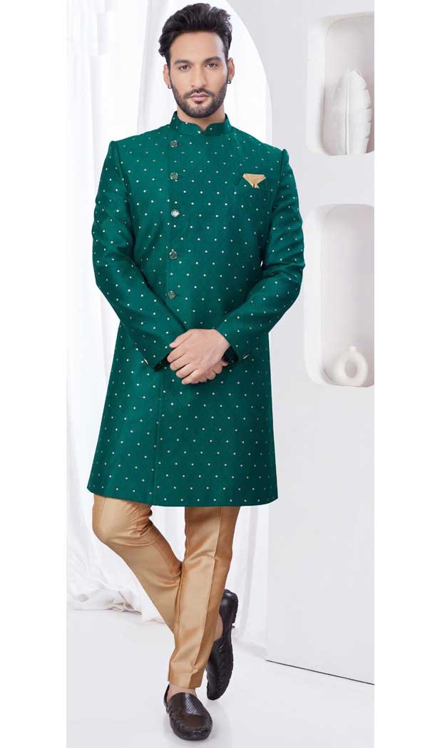 Green Jacquard Silk Woven Work Wedding Wear Men Indo Western – 9705188921