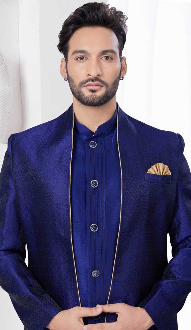 Navy Blue Art Dhupion Woven Work Wedding Wear Men Indo Western – 9705188922