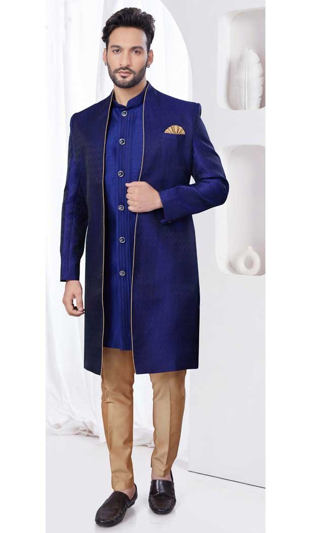 Navy Blue Art Dhupion Woven Work Wedding Wear Men Indo Western – 9705188922