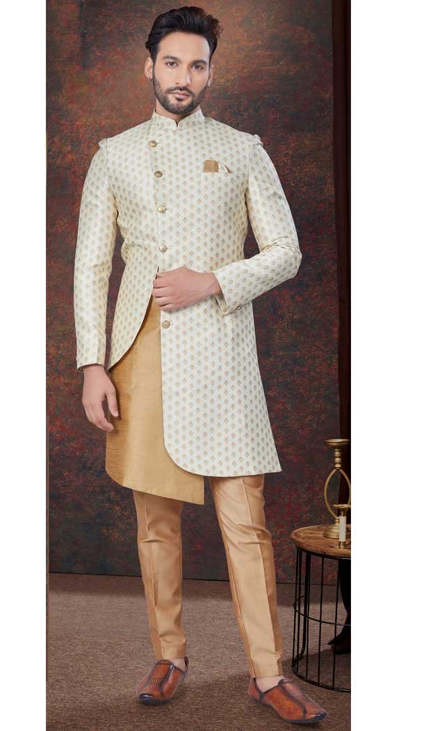 Cream With Chikoo Jacquard Silk Woven Work Wedding Wear Men Indo Western – 9705188923