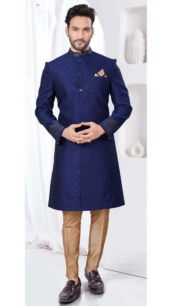 Jacquard Silk Navy Blue Woven Work Wedding Wear Men Indo Western – 9705188924