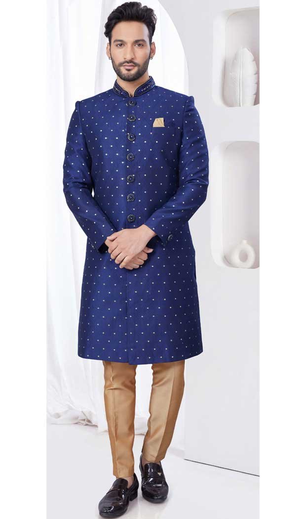 Navy Blue Jacquard Silk Stone Work Wedding Wear Men Indo Western – 9705188925