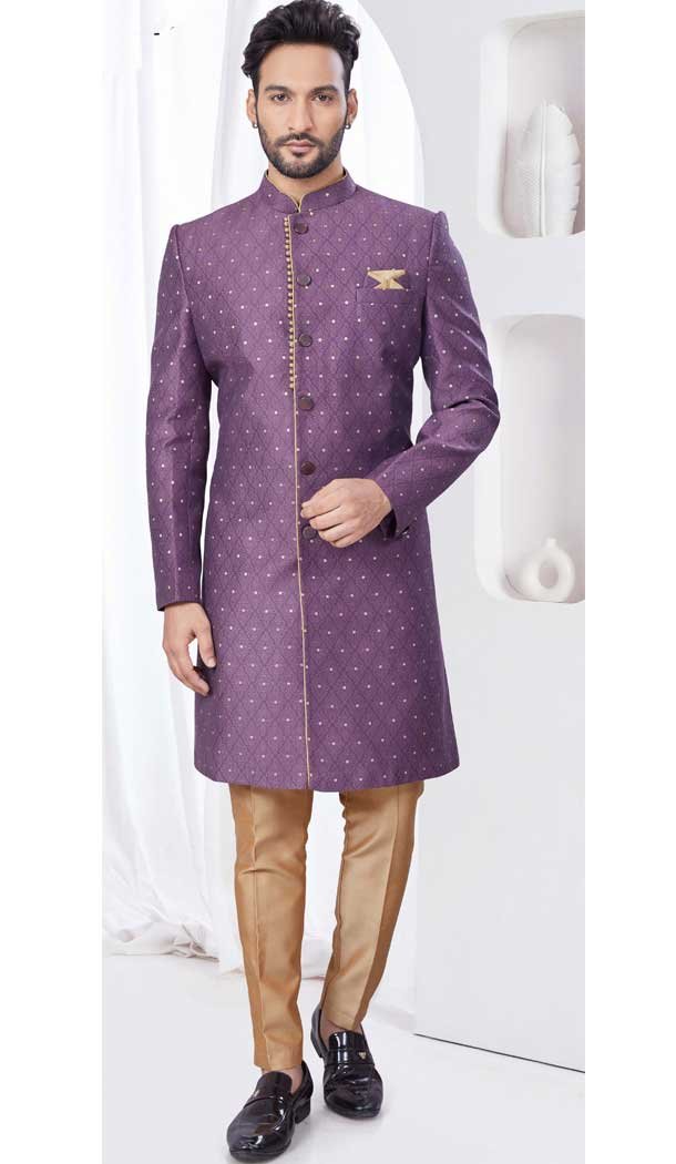 Light Wine Jacquard Silk Woven Work Wedding Wear Men Indo Western – 9705188926