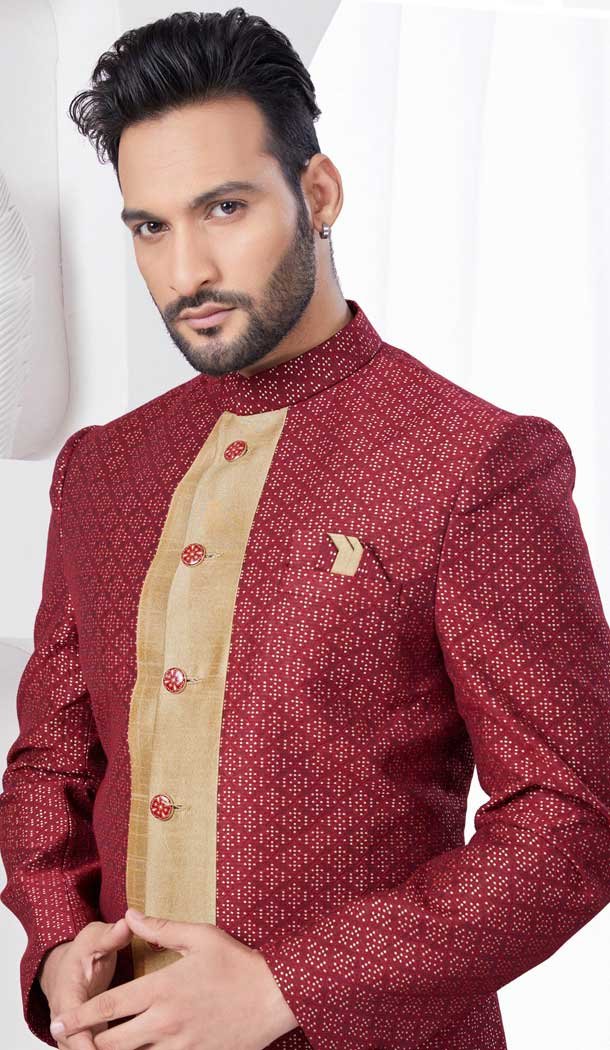 Maroon Art Dhupion Woven Work Wedding Wear Men Indo Western – 9705188927