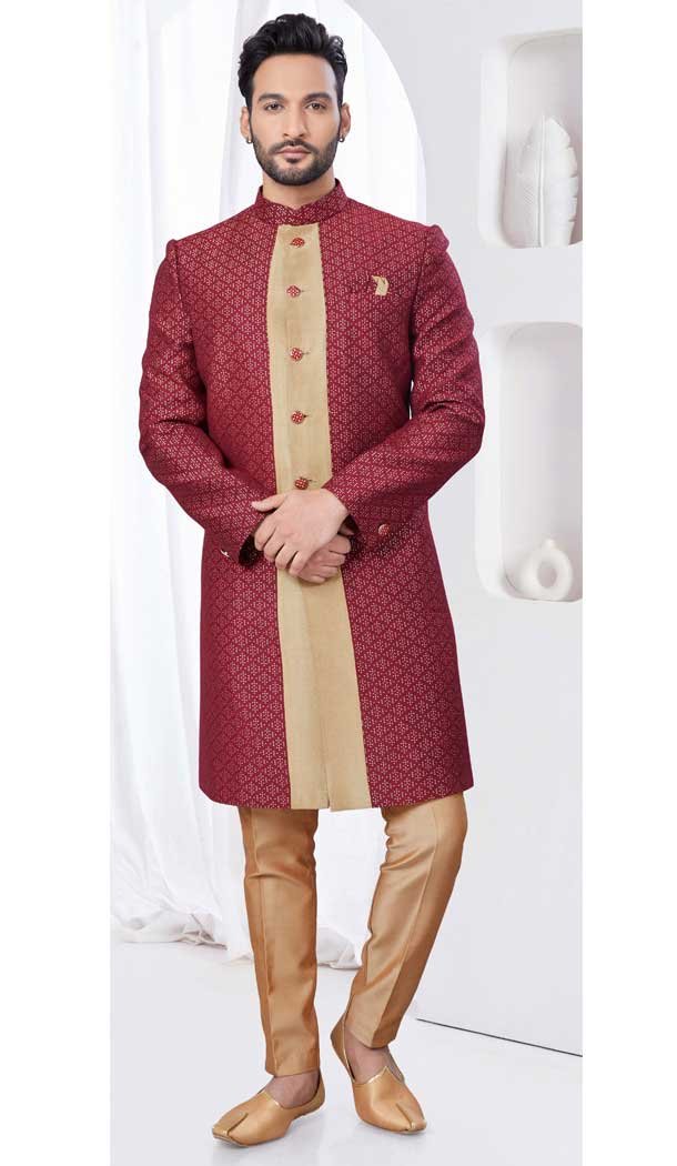 Maroon Art Dhupion Woven Work Wedding Wear Men Indo Western – 9705188927