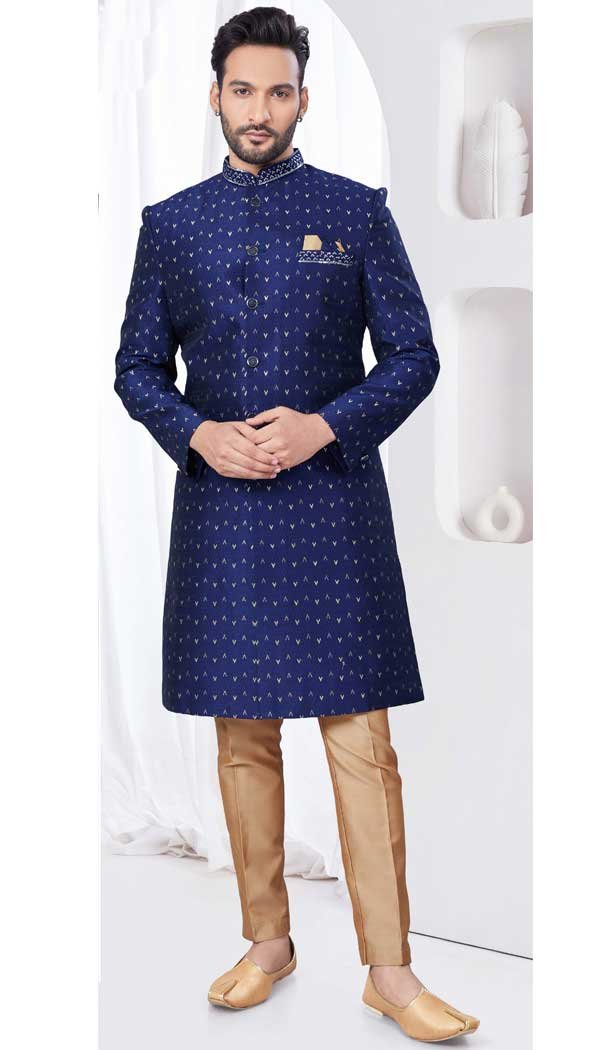 Navy Blue Jacquard Silk Stone Work Wedding Wear Men Indo Western – 9705188928