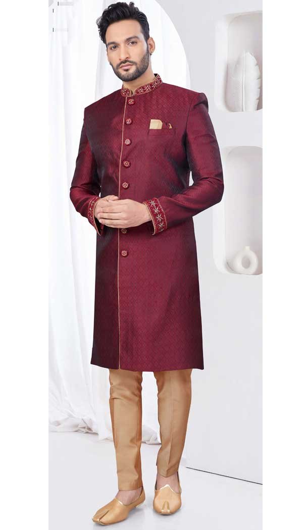 Maroon Jacquard Silk Resham Work Wedding Wear Men Indo Western – 9705188929