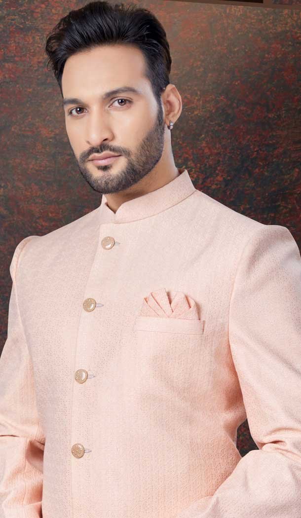 Peach Jacquard Silk Woven Work Wedding Wear Men Indo Western – 9705188930