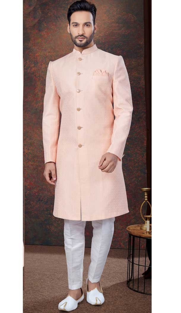 Peach Jacquard Silk Woven Work Wedding Wear Men Indo Western – 9705188930