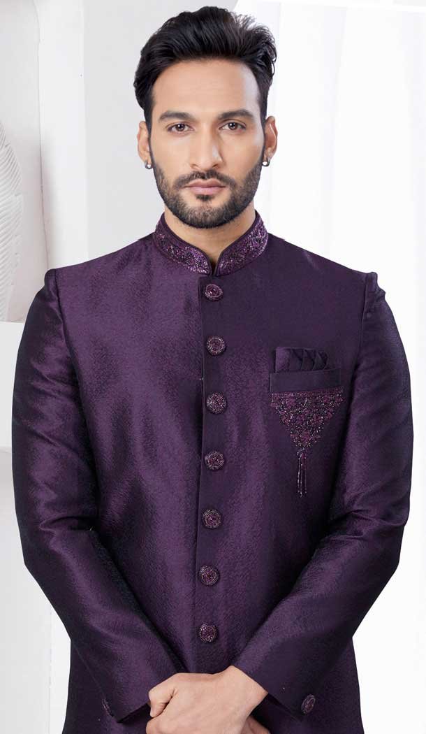 Wine Jacquard Silk Resham Work Wedding Wear Men Indo Western – 9705188937