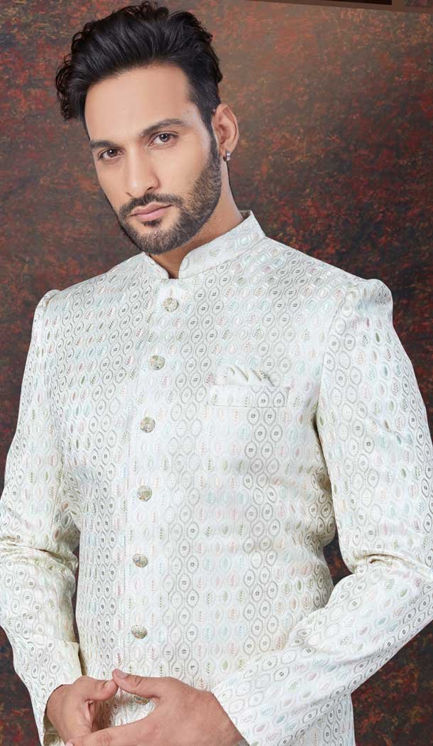 Cream Jacquard Silk Resham Work Wedding Wear Men Indo Western – 9705188943