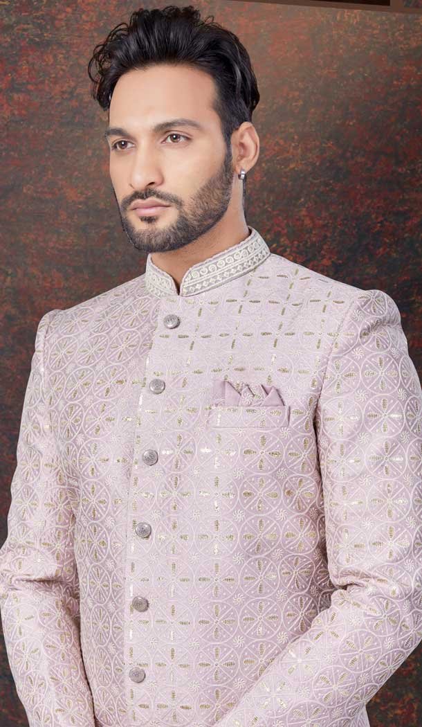 Light Lavender Lucknowie Silk Resham Work Wedding Wear Men Indo Western – 9705188946