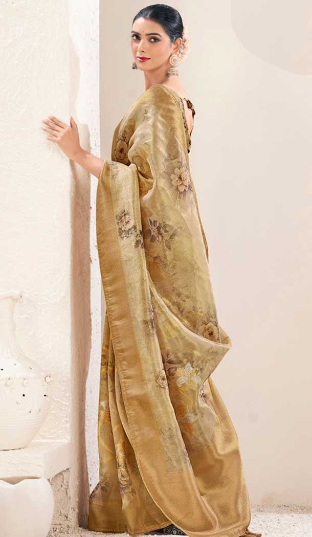 Organza Silk Digital Print Work Party Wear Designer Saree In Yellow – 9852189987