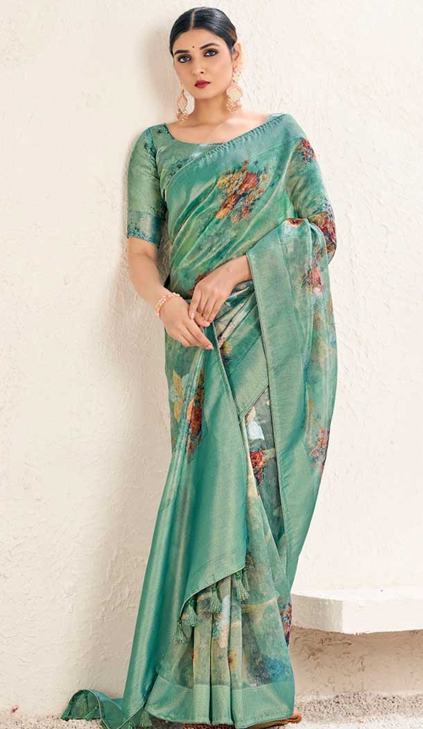 Organza Silk Digital Print Work Party Wear Designer Saree In Green – 9852189988