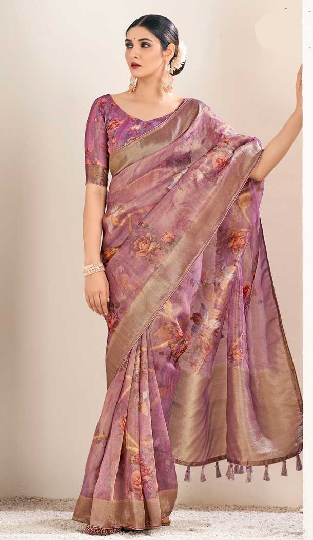 Organza Silk Digital Print Work Party Wear Designer Saree In Lavender – 9852189992