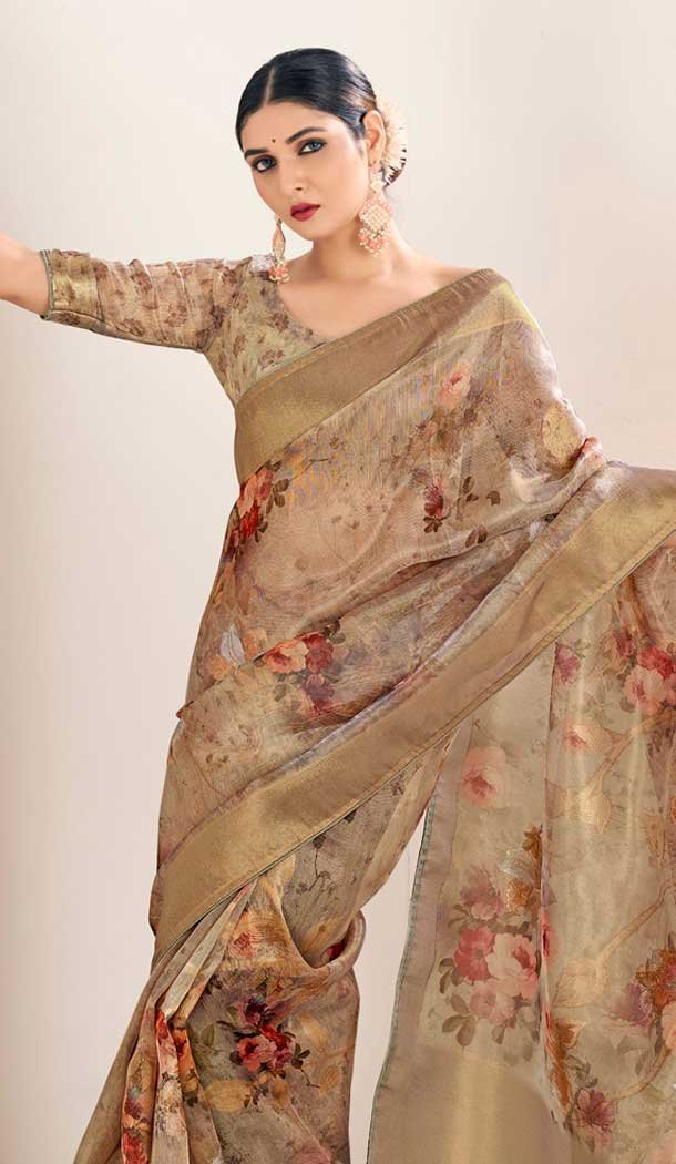 Organza Silk Digital Print Work Party Wear Designer Saree In Golden – 9852189993