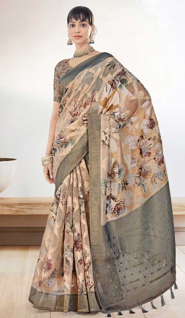 Coffee Cream Organza Silk Digital Print Work Party Wear Saree – 9853189997