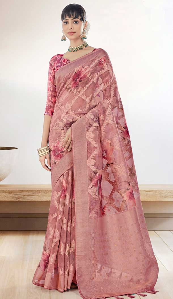 Pink Organza Silk Digital Print Work Party Wear Saree – 9853190000