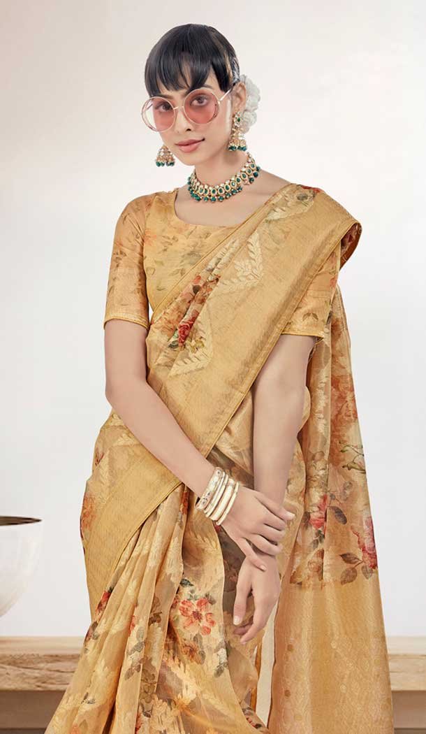 Yellow Organza Silk Digital Print Work Party Wear Saree – 9853190001