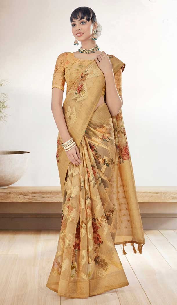 Yellow Organza Silk Digital Print Work Party Wear Saree – 9853190001