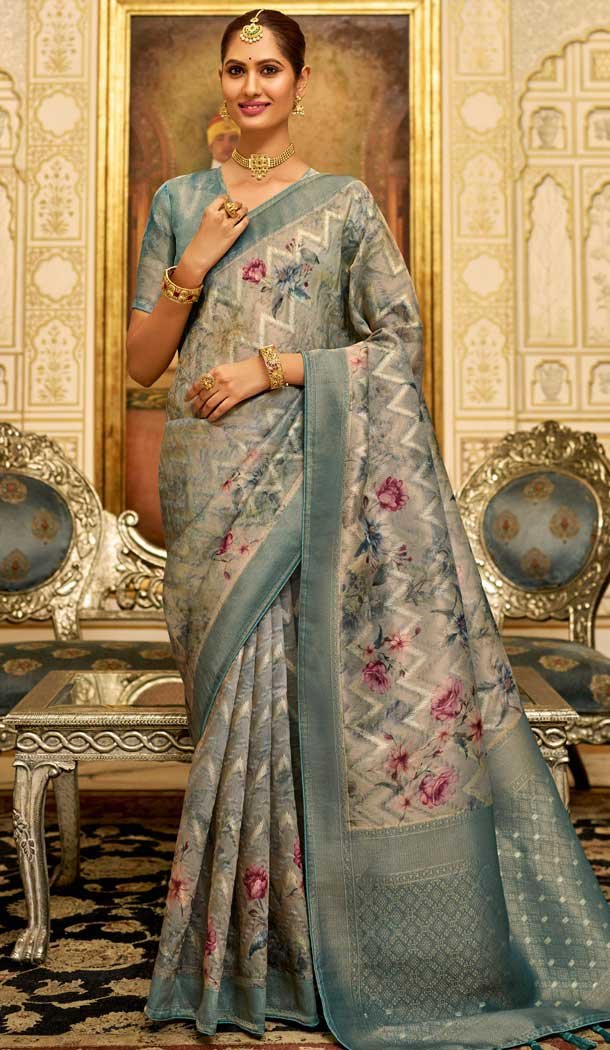 Sky Blue Color Organza Silk Digital Print Work Designer Party Wear Saree – 9854190004