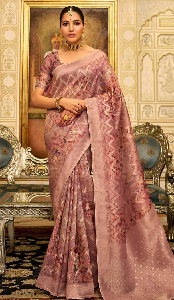 Baby Pink Organza Silk Digital Print Work Designer Party Wear Saree – 9854190005