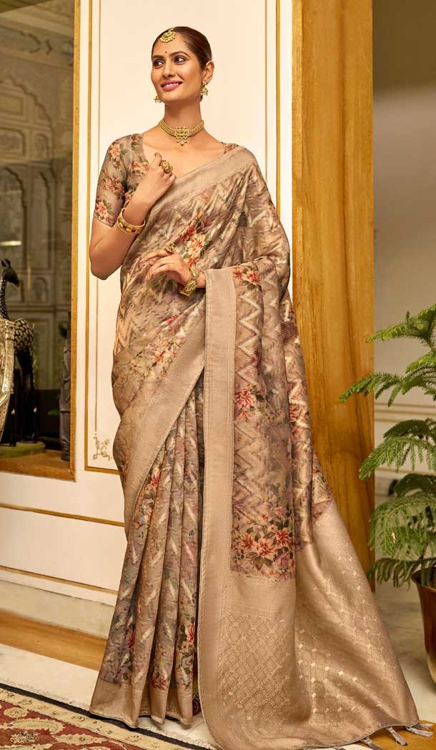 Cream Organza Silk Digital Print Work Designer Party Wear Saree – 9854190006