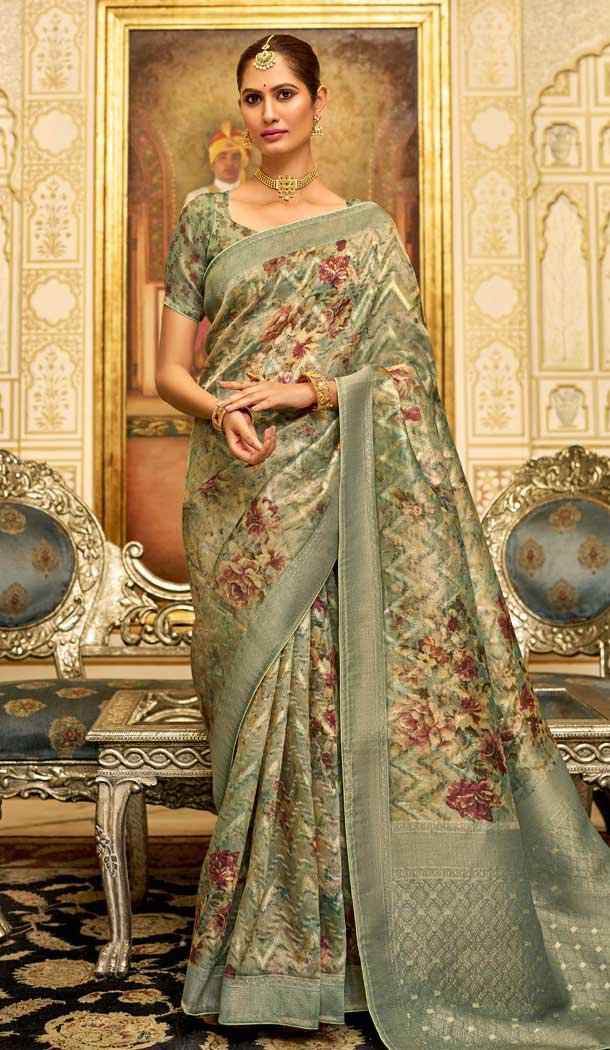 Green Organza Silk Digital Print Work Designer Party Wear Saree – 9854190007