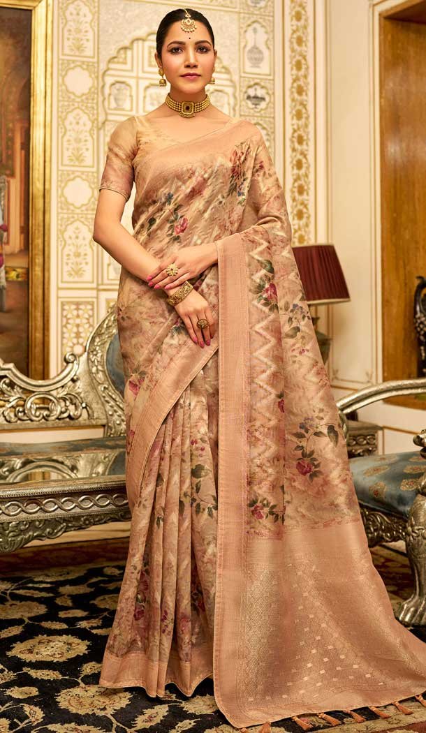 Coffee Cream Organza Silk Digital Print Work Designer Party Wear Saree – 9854190010