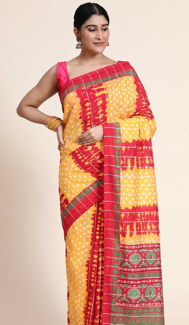 Cotton Digital Print Work Designer Party Wear Saree in Yellow – 9862190102