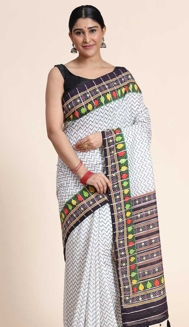 White Cotton Digital Print Work Designer Party Wear Saree – 9862190104