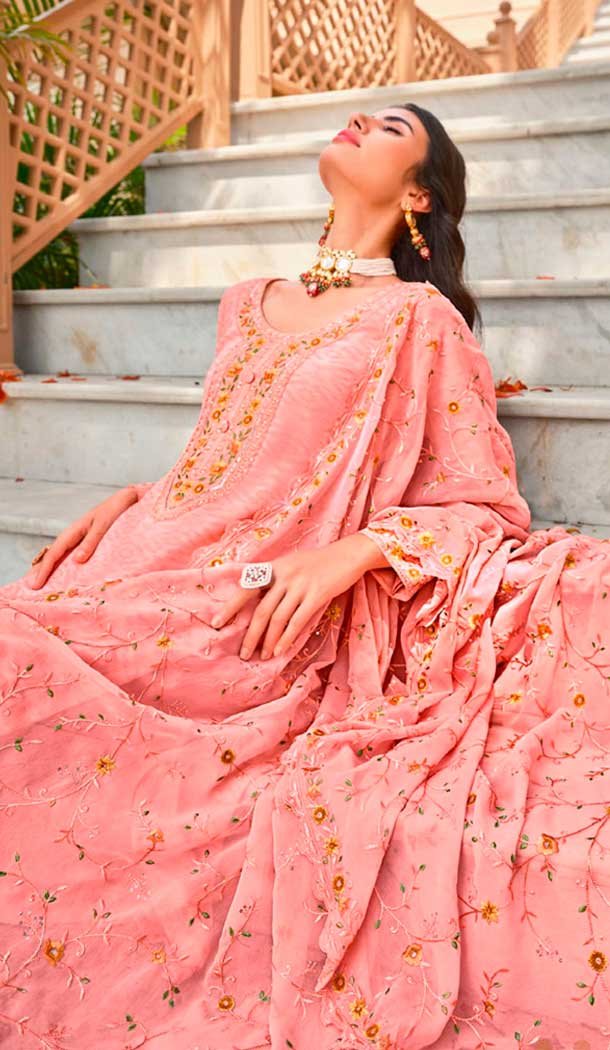 Georgette Embroidered Party Wear Salwar Suit In Baby Pink – 9891191067