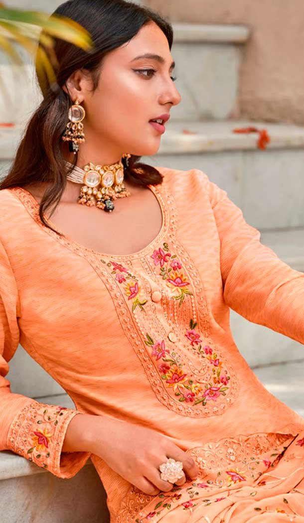 Georgette Embroidered Party Wear Salwar Suit In Peach – 9891191069