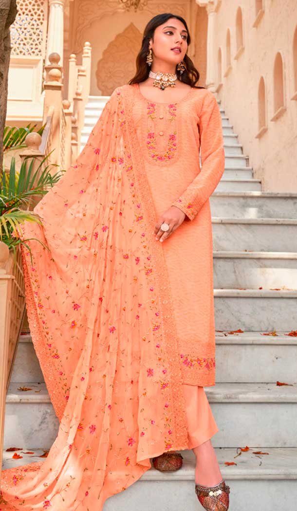 Georgette Embroidered Party Wear Salwar Suit In Peach – 9891191069