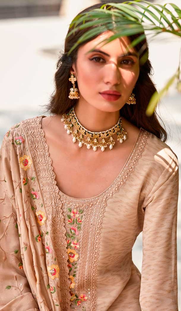 Georgette Embroidered Party Wear Salwar Suit In Beige – 9891191070