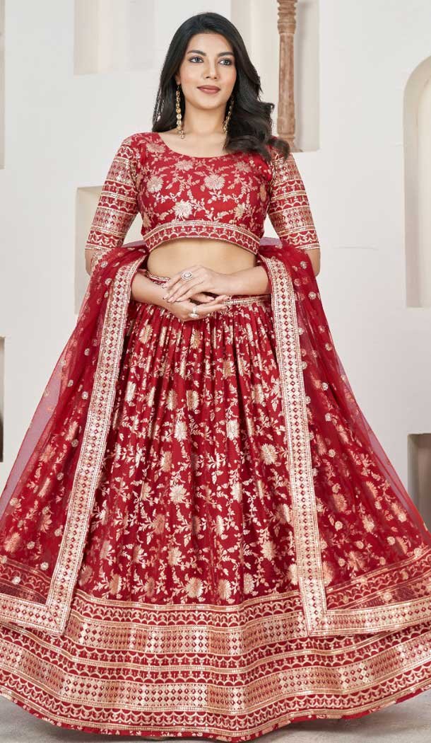 Jacquard Embroidery Work Designer Wear Lehenga Choli In Red – 9892191071