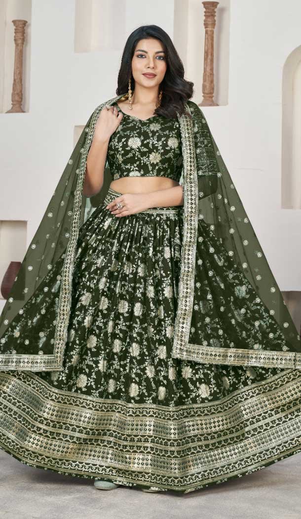 Jacquard Embroidery Work Designer Wear Lehenga Choli In Mehendi – 9892191073