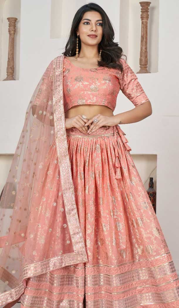 Jacquard Embroidery Work Designer Wear Lehenga Choli In Peach – 9892191074