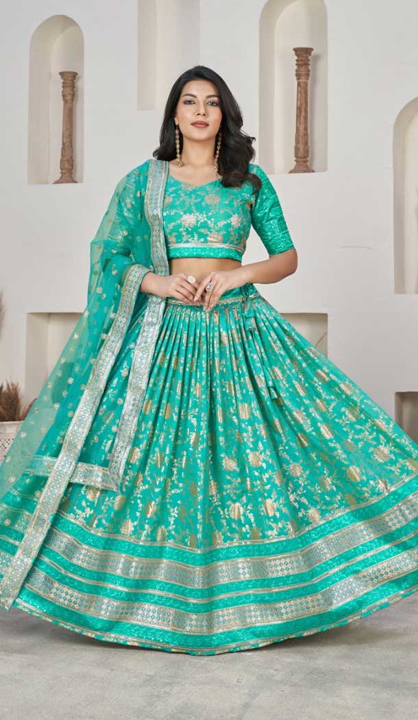 Jacquard Embroidery Work Designer Wear Lehenga Choli In Sea Green – 9892191076