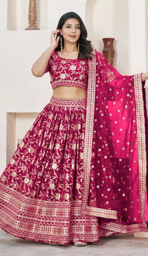 Jacquard Embroidery Work Designer Wear Lehenga Choli In Rani – 9892191077