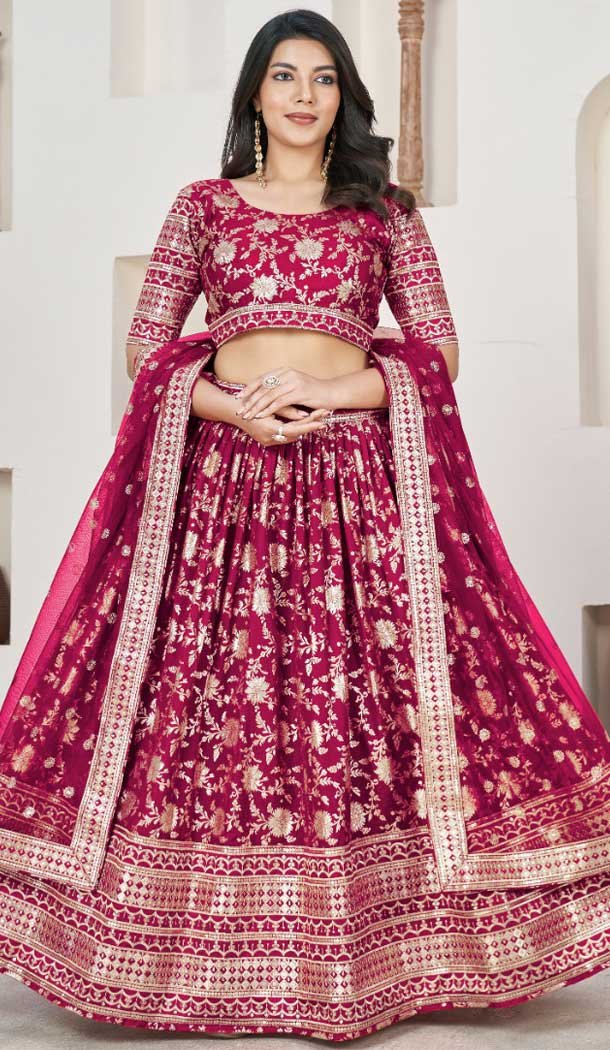 Jacquard Embroidery Work Designer Wear Lehenga Choli In Rani – 9892191077