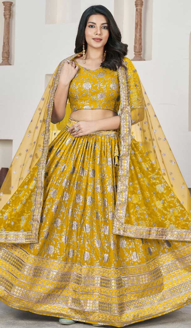 Jacquard Embroidery Work Designer Wear Lehenga Choli In Yellow – 9892191078