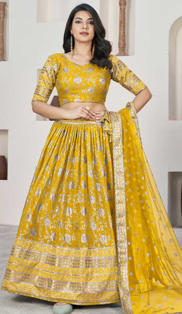 Jacquard Embroidery Work Designer Wear Lehenga Choli In Yellow – 9892191078