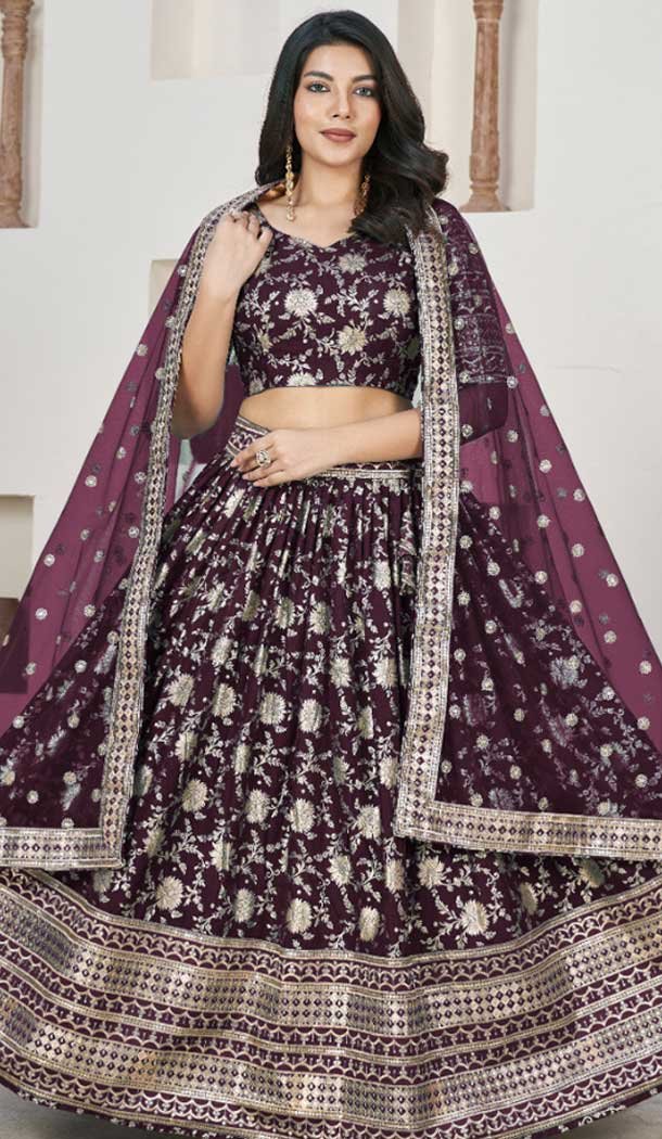 Jacquard Embroidery Work Designer Wear Lehenga Choli In Wine – 9892191079